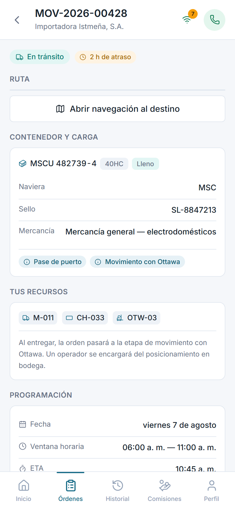 Detalle de una orden en la aplicación de campo, con contenedor, recursos asignados y programación