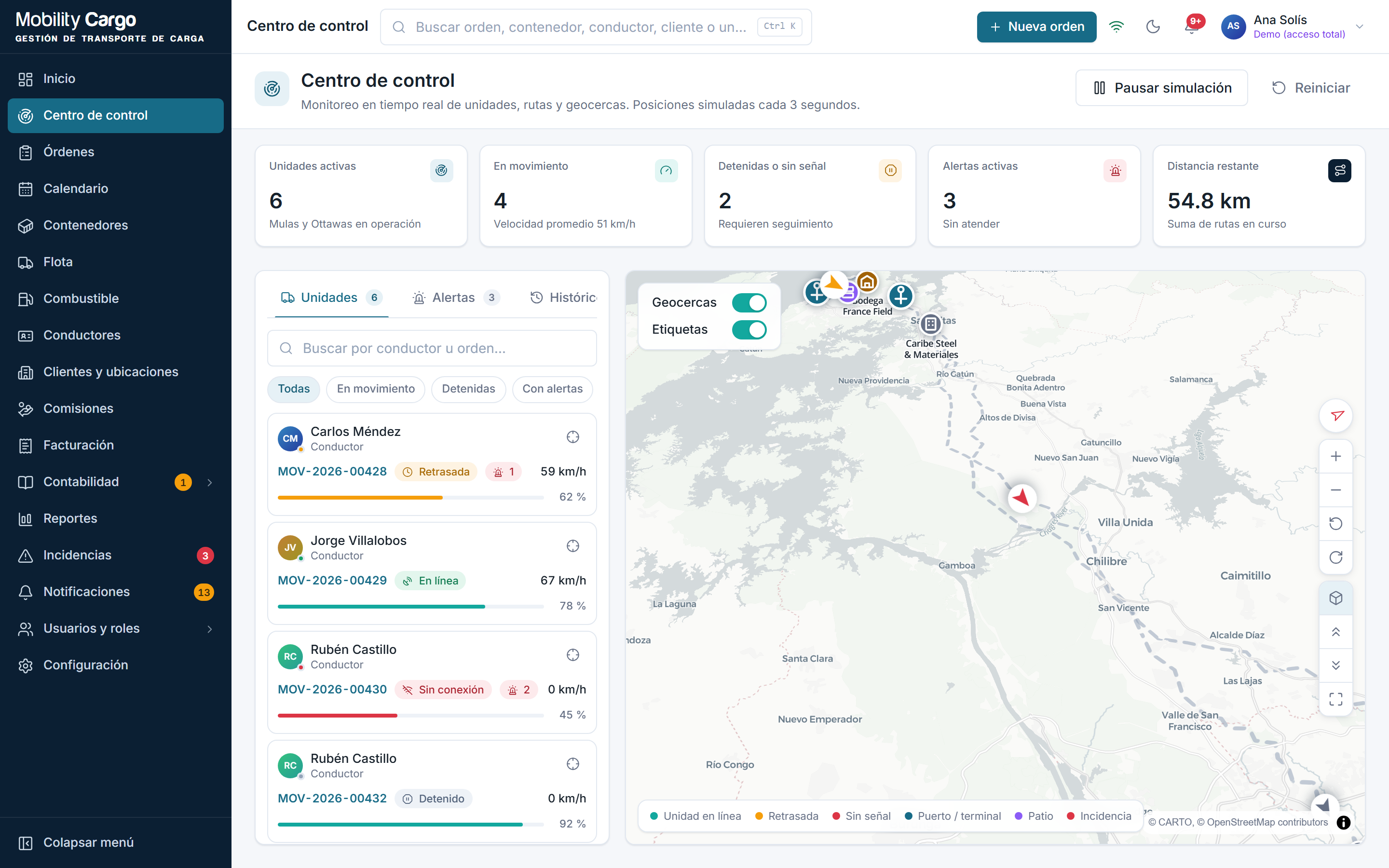 Centro de control con las unidades en operación sobre el mapa y el panel de alertas